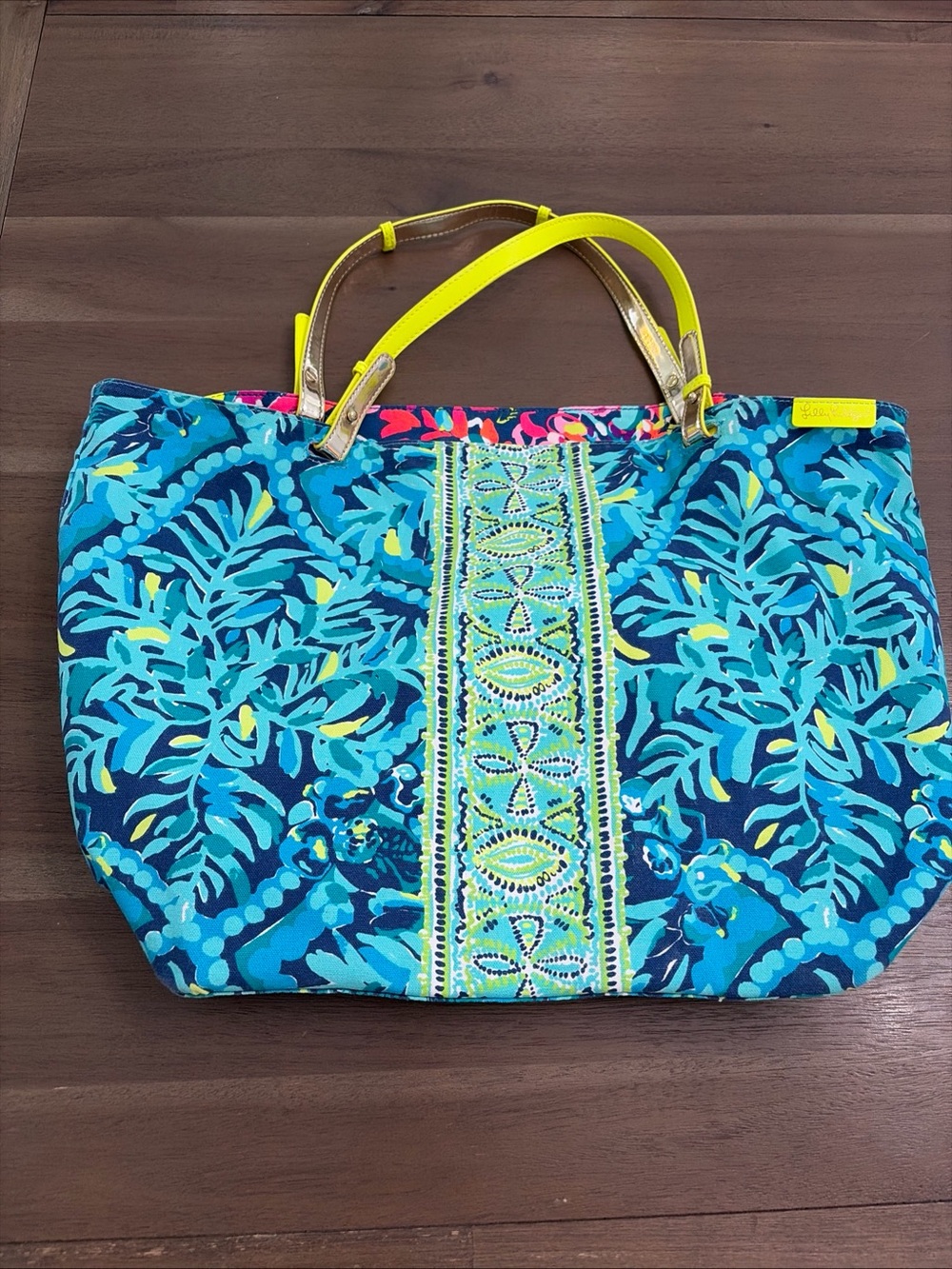 Blue Tropical Reversible Tote Bag with Yellow Handles-with matching wristlet